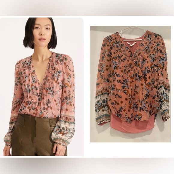 VERONICA BEARD Lowell Floral Silk Blouse Size 4 Pink Metallic V-Neck Pintuck - Picture 1 of 5